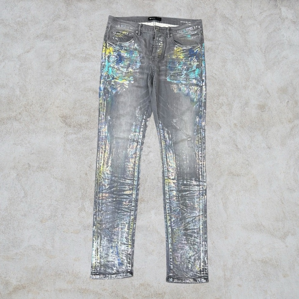 Purple Brand P001 Jeans Mens‎ 34x32 Gray Paint Splatter Iridescent  Slim Fit